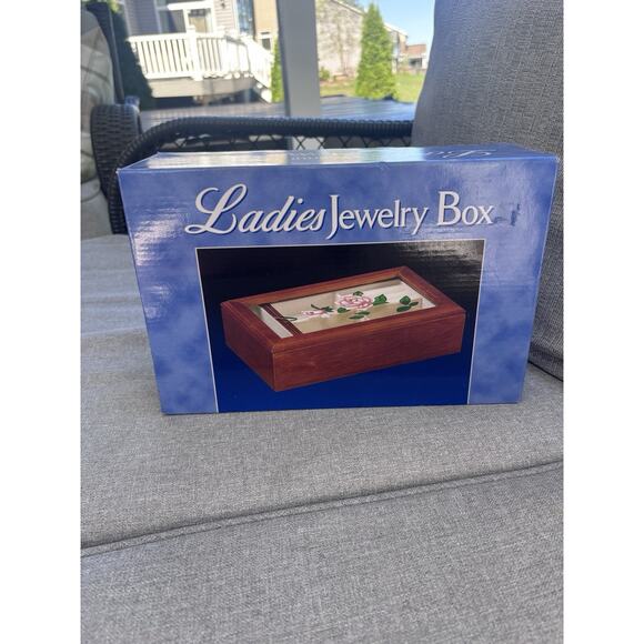 New Vintage Original Box Wood Walnut Finish Stained Glass 11x7 Jewelry Box Rose - Picture 6 of 6